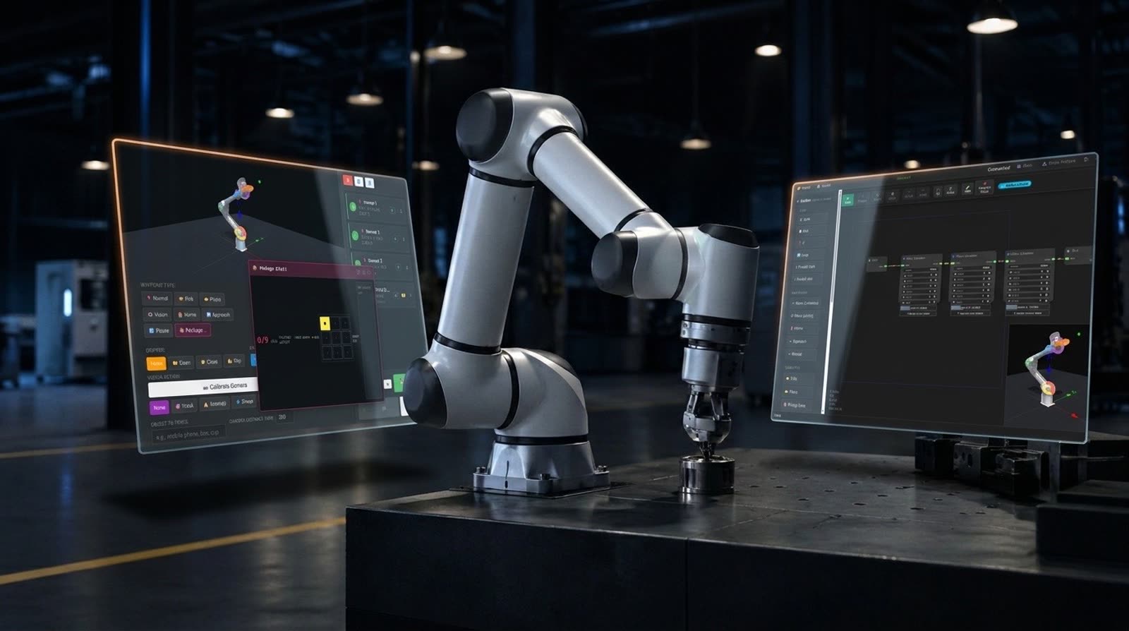 Cobot in einer Werkhalle, flankiert von zwei schwebenden Bedien-Oberflächen für Teaching und No-Code Flow Builder