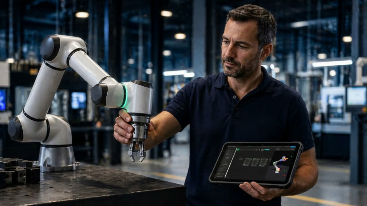 Werker mit Tablet und No-Code Interface vor Roboterzelle