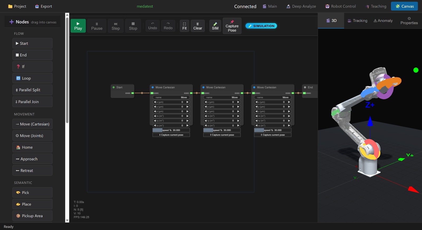 No-Code Flow Builder mit Move-Cartesian Nodes und 3D-Roboter-Simulation