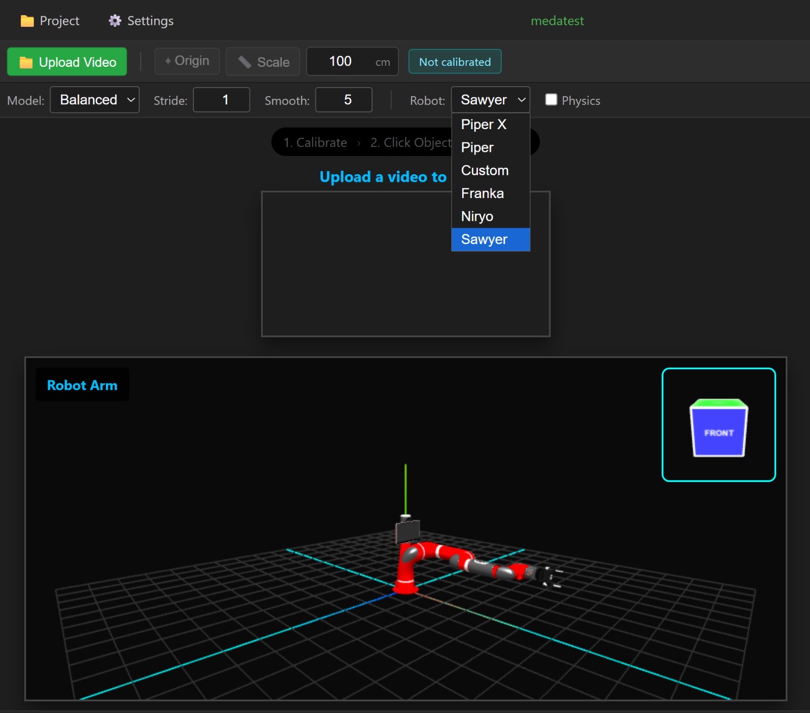 Dropdown mit Multi-Robot-Auswahl: Piper X, Piper, Custom, Franka, Niryo, Sawyer