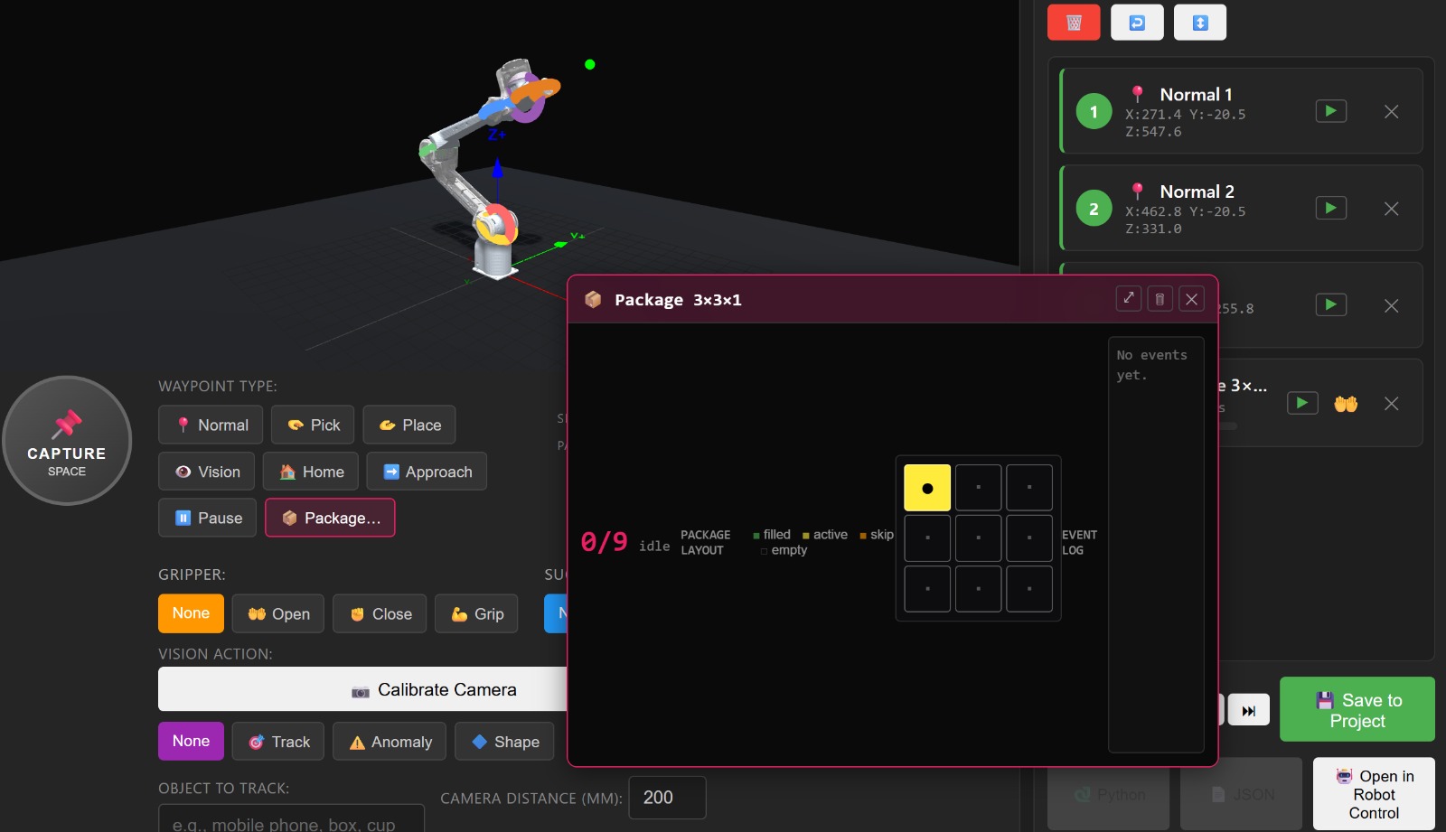 Package 3x3x1 Layout mit Status-Feldern und Event-Log