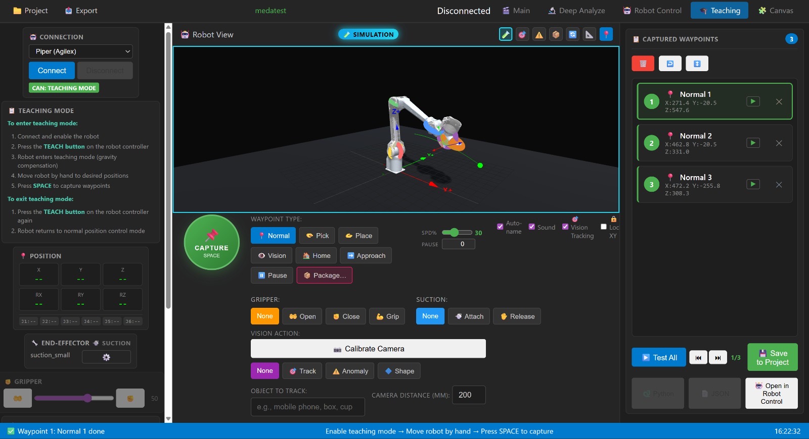 Teaching Mode mit CAN-Verbindung zu Piper Agilex und Captured Waypoints