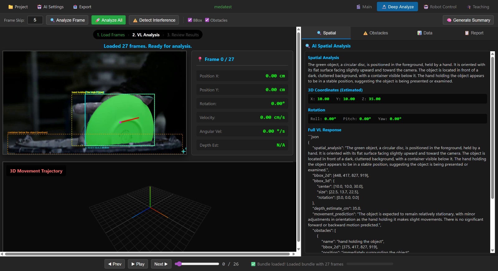 Deep Analyze Screen mit Spatial Analysis, 3D-Koordinaten und Bewegungstrajektorie